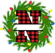 Load image into Gallery viewer, Wreath Lights Red Plaid Monogram Split Letters
