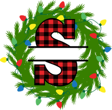 Load image into Gallery viewer, Wreath Lights Red Plaid Monogram Split Letters

